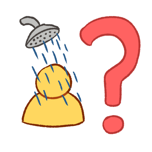 A drawing of a blank emoji yellow person from the bust up, underneath a light gray showerhead, with blue lines representing water. To their right is a large pink question mark. 